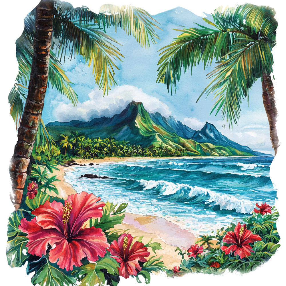 tropical paradise, hawaiian scene, turquoise blue, coral pink, emerald green, sandy beige, hibiscus flowers, palm trees, ocean waves, mountain landscape, beach scene, watercolor style, fabric panel, quilting cotton, island theme, tropical flowers, seascape, lush vegetation, paradise setting, vibrant colors