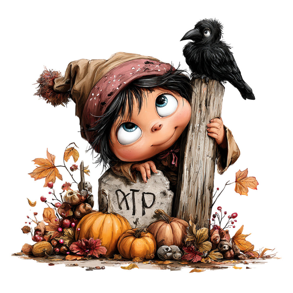 autumn, fall, halloween, whimsical, cute, character, girl, child, pumpkins, crow, raven, bird, tombstone, rip gravestone, orange, golden yellow, burnt orange, rust red, burgundy, brown, tan, earthy tones, leaves, fallen leaves, berries, flowers, nature, harvest, seasonal, spooky
