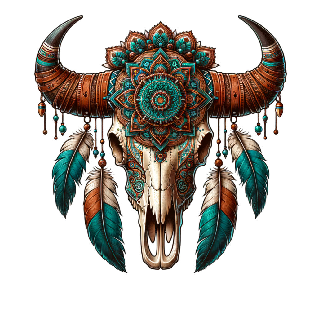 turquoise, copper, brown, cream, mandala pattern, bull skull, feathers, beads, bohemian style, southwestern design, native american inspired, ornate details, fabric panel, quilting cotton, spiritual symbols, geometric patterns, decorative horns, hanging ornaments, tribal motifs, boho chic