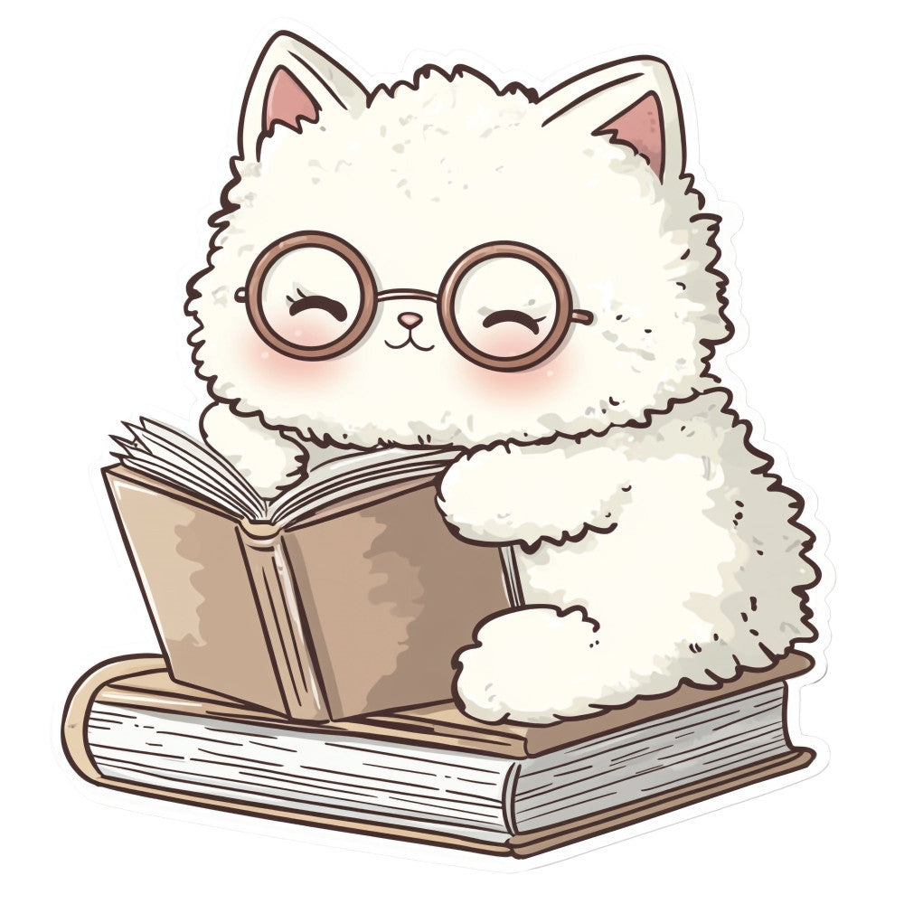 fluffy white cat, reading cat, cute cat, glasses, library, books, cream white, beige, brown, whimsical, kawaii, adorable, cat lover, literary, intellectual, cozy, playful, children's, nursery, animal motif, cat illustration, literary themed, bookish, smart cat, studious, gentle, soft pastel, warm neutral tones