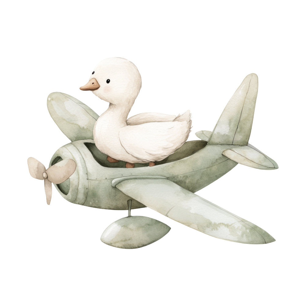 sage green, cream, white, soft green, muted green, pale green, whimsical, vintage, nursery, baby, duck, airplane, aviation, flying, adventure, children's, storybook, illustration, watercolor, soft colors, gentle, sweet, whimsy, animal, birds, sky, travel theme, baby quilt, wall hanging, children's bedding