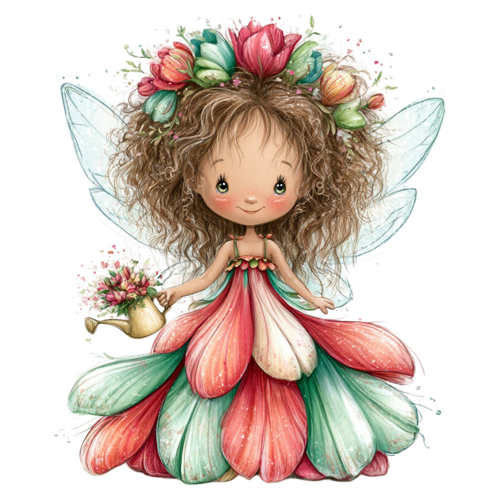 fairy, flower fairy, garden fairy, whimsical, fantasy, magical, nature, floral, botanical, children's, baby, nursery, coral pink, sage green, cream, soft colors, pastel, spring, summer, watering can, flowers, delicate, dreamy, storybook, illustration, cute, sweet, embellished, decorative panel, wall hanging
