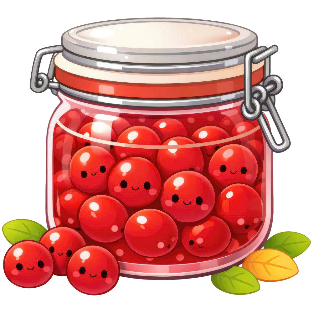 cute red berries, jam jar, preserves, canning, mason jar, red spheres, happy faces, whimsical, playful, children's, kawaii, food themed, kitchen, farmhouse, countryside, nature, summer, fruit, strawberries, bright red, cherry red, green leaves, ornament balls, decorative, folk art, cottage core, sweet, cheerful, craft supplies