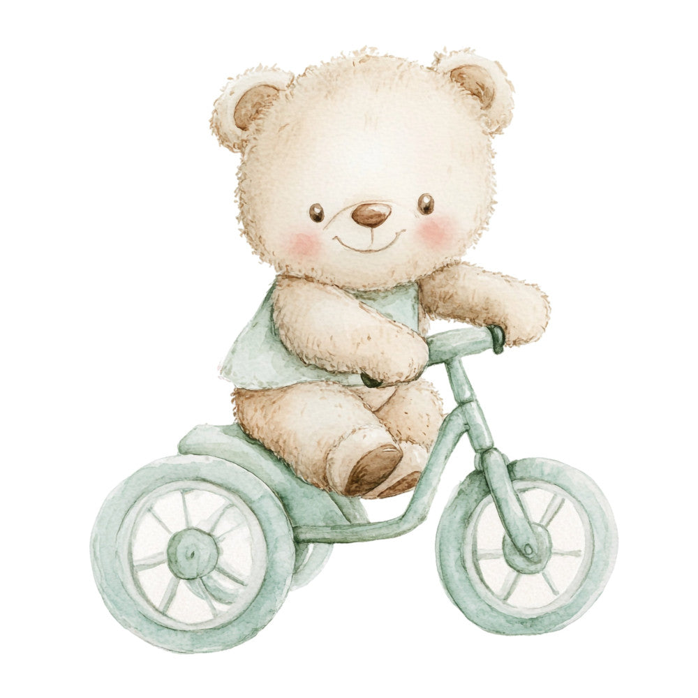 teddy bear, cute animals, nursery, baby, sage green, cream, pale green, mint green, soft colors, pastel colors, whimsical, children's, illustration, tricycle, vintage, gentle, sweet, soft, adorable, storybook, picture books, timeless, classic, soft pastels, gender neutral, little ones, playful, charming, innocence, childhood