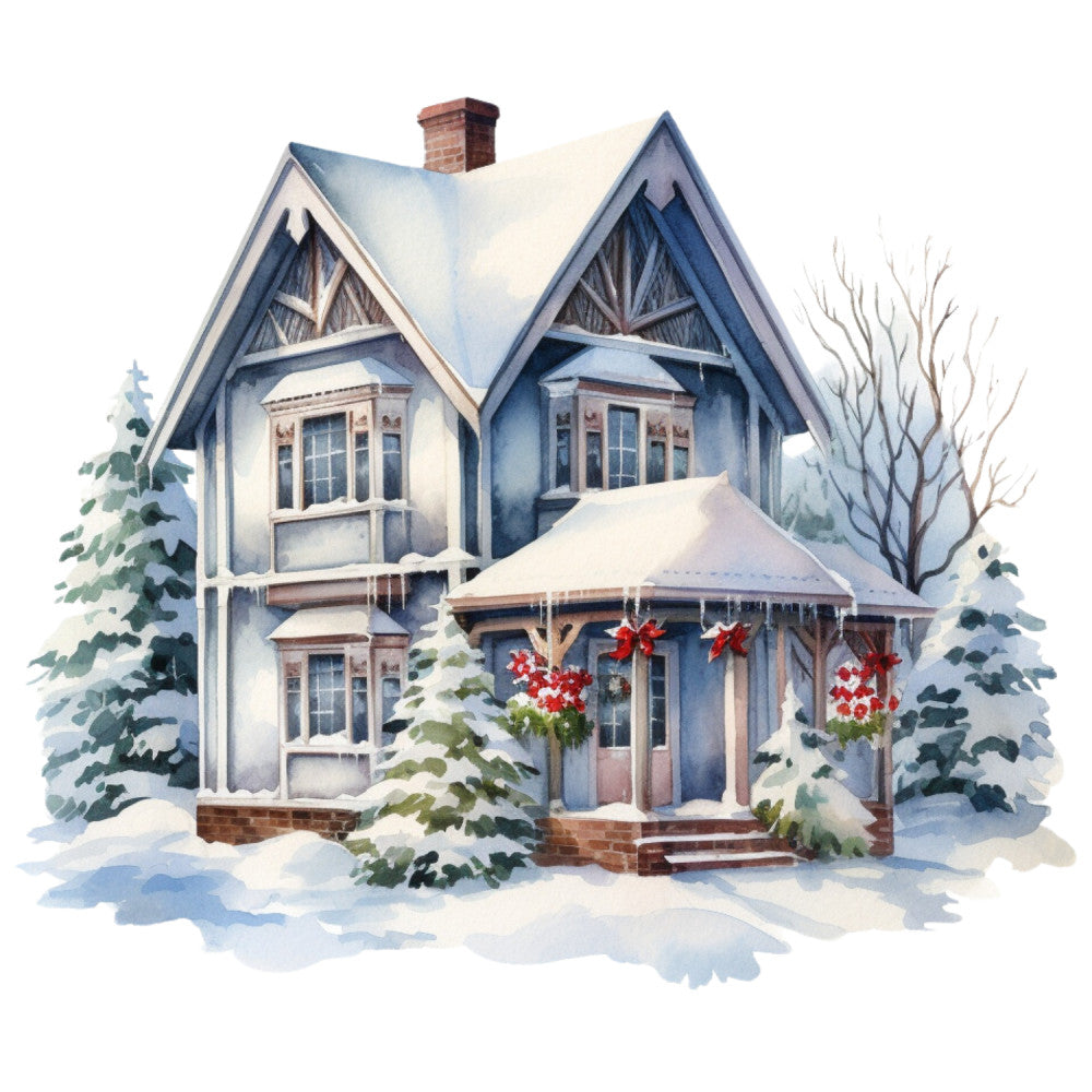Watercolor Winter Houses Fabric Panel 12