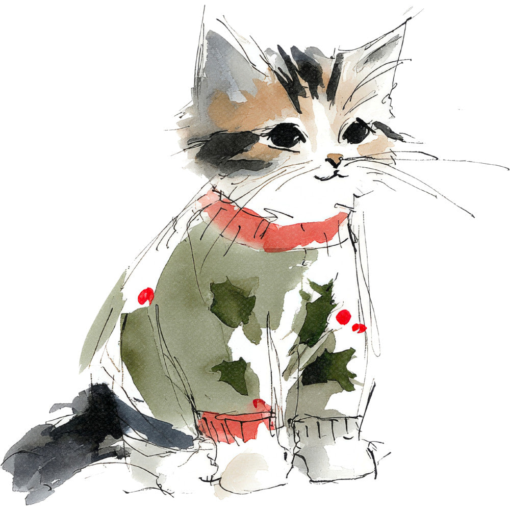 Handdrawn Christmas Cats Fabric Panel 57