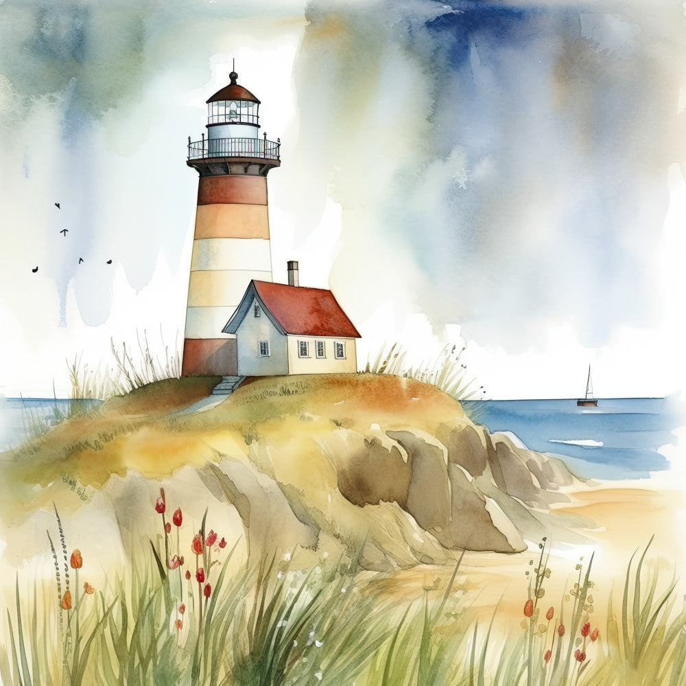 lighthouse, coastal, nautical, beach, seaside, ocean, watercolor, blue, cream, rust red, tan, sandy beige, red flowers, wildflowers, grasses, rocky shore, cottage, seaside cottage, vintage, traditional, scenic, landscape, nature, water, sailboat, birds, whimsical, peaceful, tranquil, spring