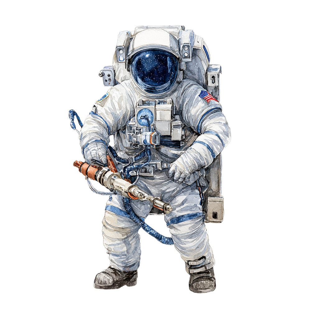 astronaut, space, celestial, stars, starry, nasa, space exploration, white, cream, navy blue, dark blue, gray, silver, metallic, american flag, patriotic, science, STEM, educational, adventure, realistic illustration, detailed portrait, modern, contemporary, helmet, spacesuit, outer space, cosmic, science fiction, space suit design
