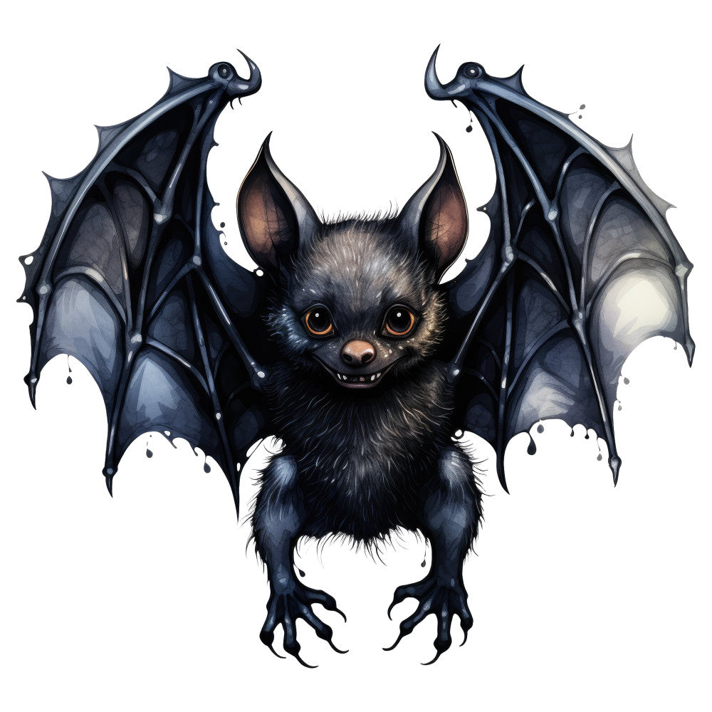 black bat, gothic, halloween, spooky, supernatural, creature, winged animal, dark blue, charcoal gray, amber eyes, fangs, pointed ears, membranes, wings, nocturnal, horror, whimsical, creepy cute, fantasy, dark fantasy, celestial, night theme, autumn, october, scary, enchanted, mystical, bat motif