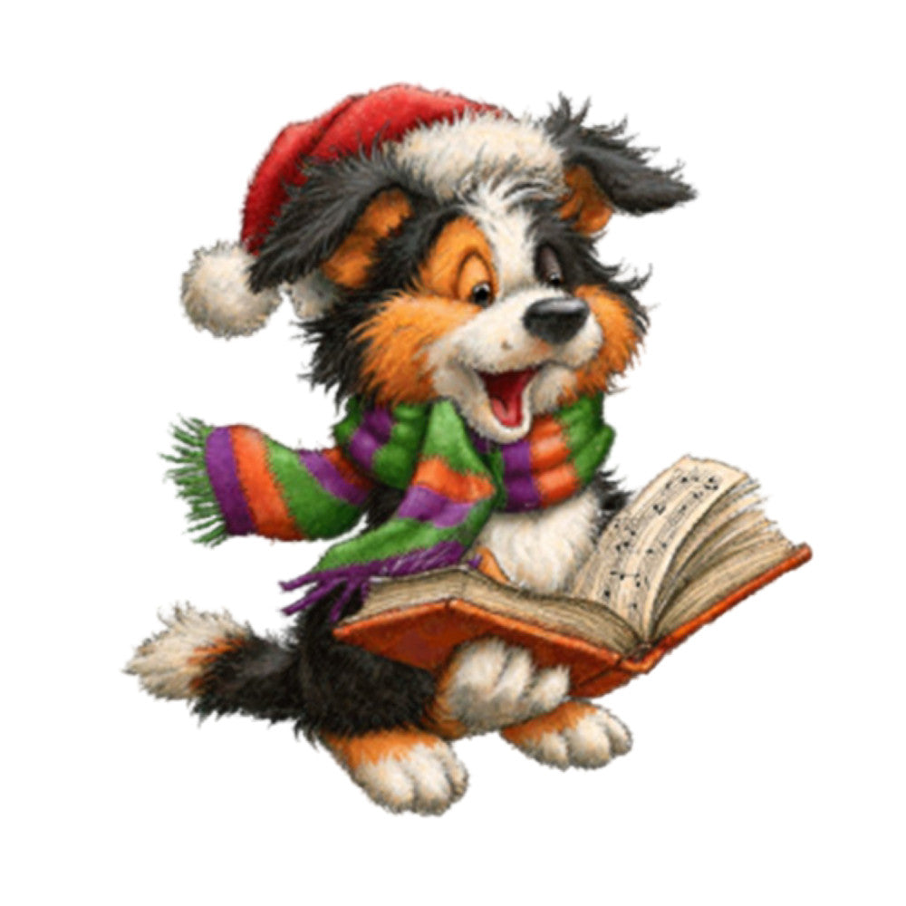 christmas, holiday, santa hat, dog, puppy, festive, winter, red, green, orange, black, white, cream, colorful, striped scarf, book, reading, whimsical, cute, children's, seasonal, christmas animals, jolly, cheerful, multicolor, illustrated, decorative, animal lover, kids fabric, festive animals