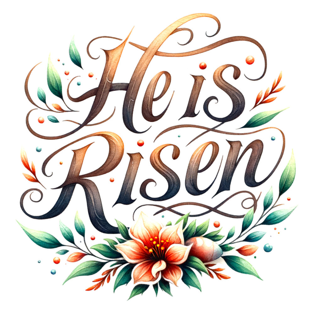 watercolor style, he is risen, easter fabric, spring florals, orange flowers, green leaves, brown lettering, coral blooms, fabric panel, religious theme, resurrection message, botanical elements, pastel colors, christian fabric, holiday quilting, decorative script, floral wreath, easter celebration, spring colors, inspirational text
