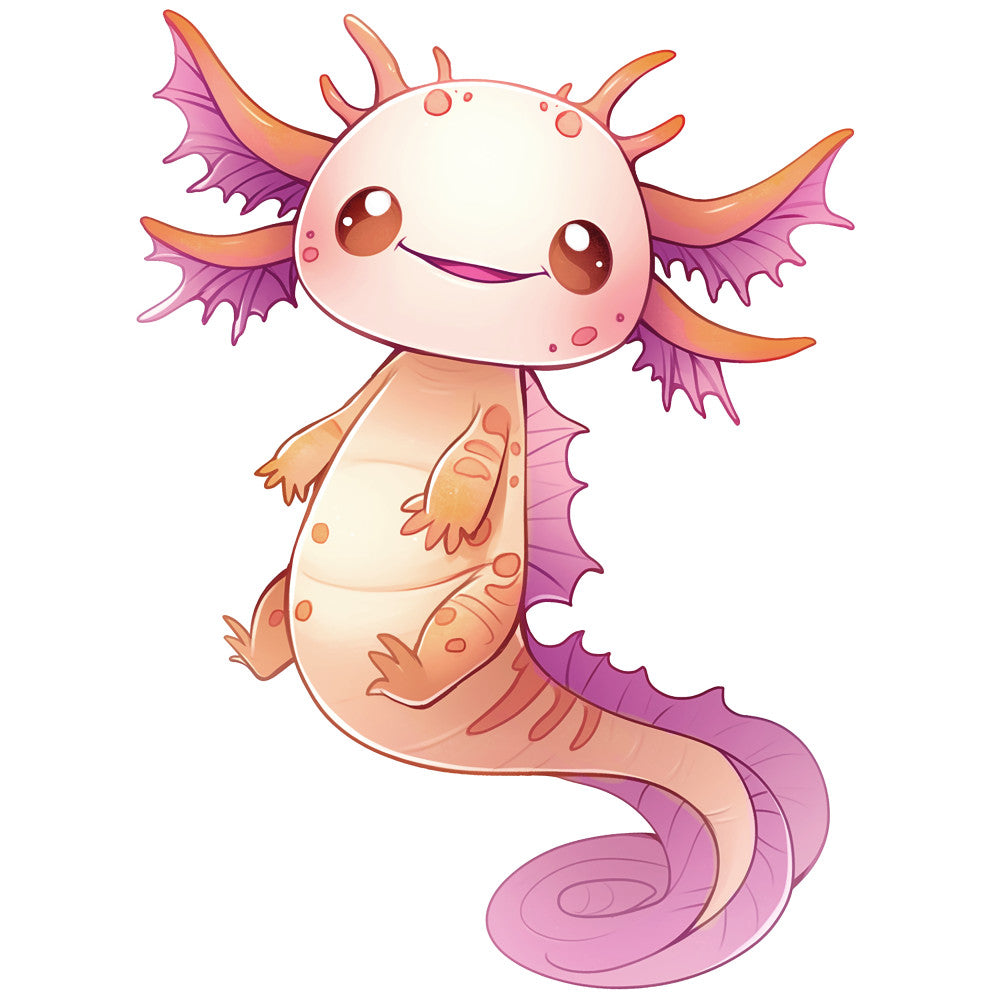 cartoon axolotl, pink salamander, cute amphibian, kawaii style, pastel pink, coral orange, purple fins, external gills, smiling character, adorable creature, fabric panel, quilting cotton, children's fabric, nursery theme, whimsical design, anime inspired, soft colors, playful mood, aquatic animal, spotted pattern