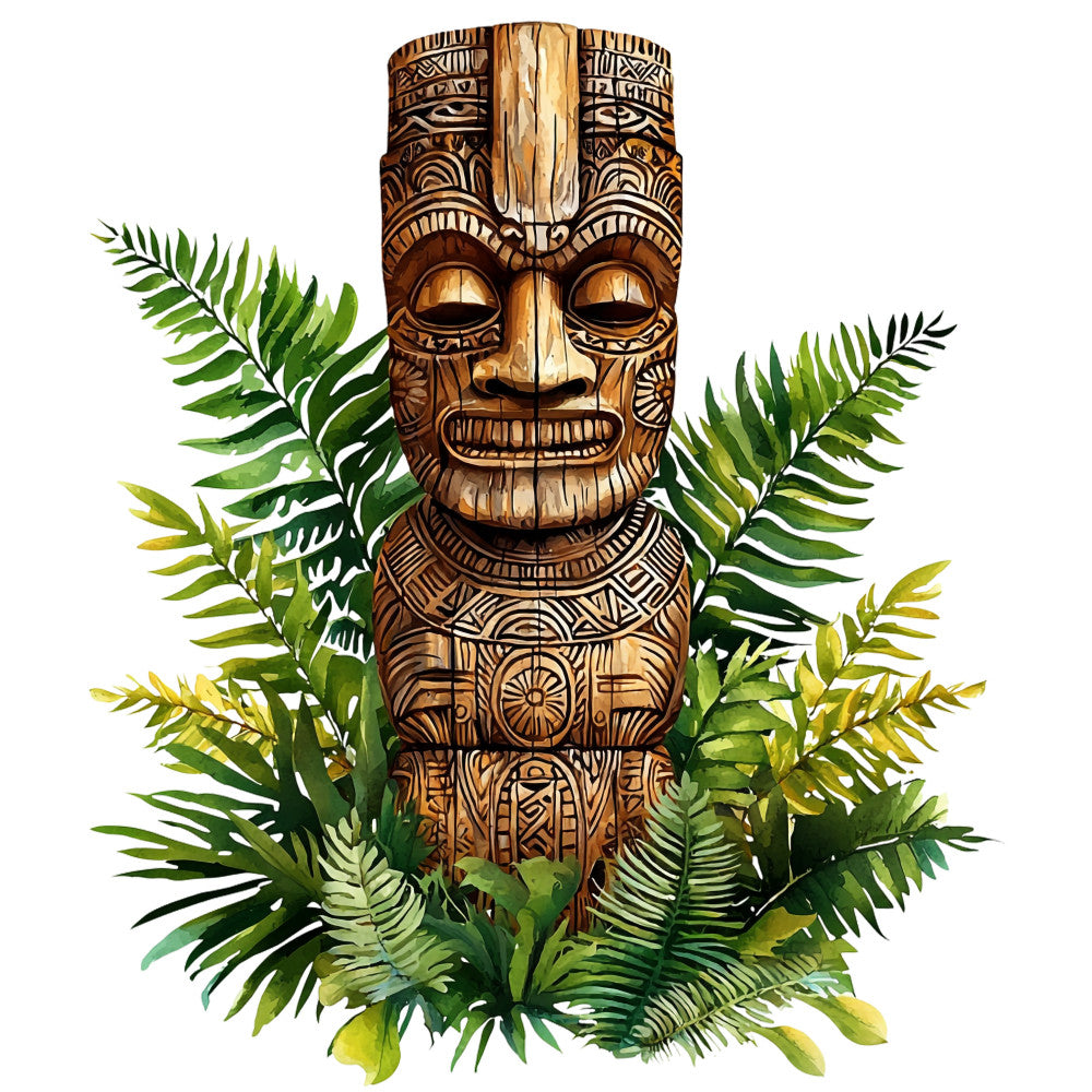 tiki statue, tropical plants, fern leaves, palm fronds, brown wood carving, green foliage, polynesian design, tribal patterns, hawaiian theme, carved mask, jungle vegetation, tropical paradise, fabric panel, quilting cotton, island decor, exotic motifs, natural wood tones, lush greenery, ceremonial figure, pacific culture