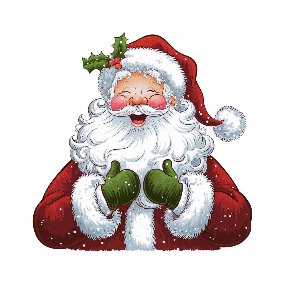 santa claus, christmas fabric, holiday panel, red coat, white beard, green mittens, holly berries, festive character, winter theme, quilting panel, cotton fabric, cheerful santa, red hat, white fur trim, christmas sewing, holiday crafting, seasonal fabric, joyful expression, snowflakes, fabric block