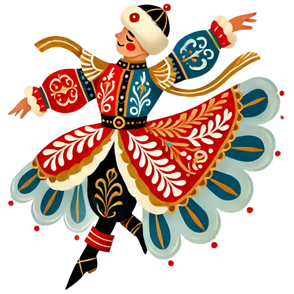 russian folk art, firebird, traditional costume, embroidered, ornamental, red, gold, navy blue, teal blue, cream, black, decorative, cultural, folk dancer, floral motifs, baroque, ornate, vintage, whimsical, elegant, slavic, eastern european, theatrical, performance costume, jewel tones, intricate patterns, dancing figure, festive, novelty print, statement fabric