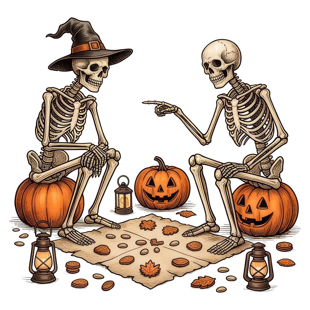 halloween, skeleton, witch hat, pumpkin, jack-o-lantern, autumn, fall, orange, cream, tan, beige, black, spooky, gothic, vintage, whimsical, festive, holiday, lantern, leaves, seasonal, trick-or-treat, costume party, haunted, eerie, retro, decorative, thematic, october