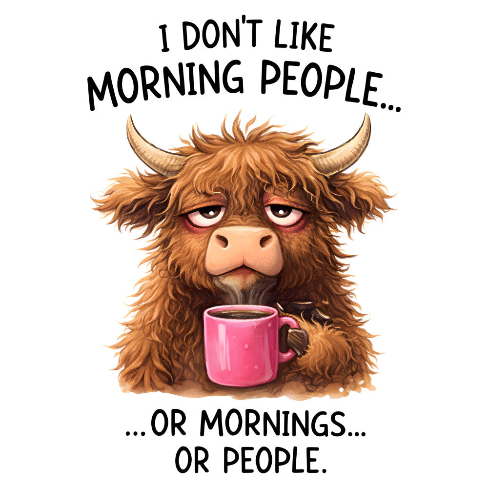 brown, tan, cream, pink, red, rustic, whimsical, humorous, funny, highland cattle, yak, animals, farmhouse, coffee lover, morning grumpy, sleepy character, text quote, inspirational, typography, novelty, casual, contemporary, coffee themed, coffee cup, attitude, personality print, gift fabric, adult humor, relatable
