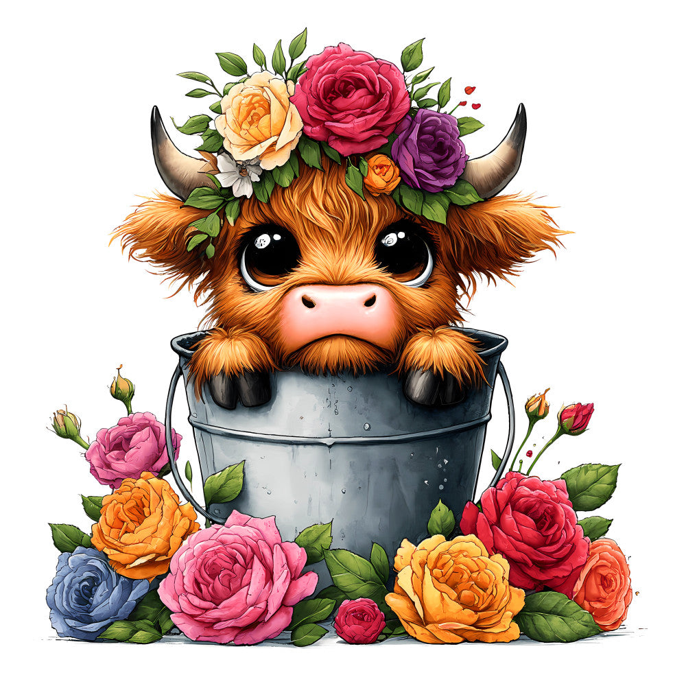 Cute Highland Cows in Buckets Fabric Panel 12 showing an adorable cow with flowers in a bucket on premium quilting cotton.