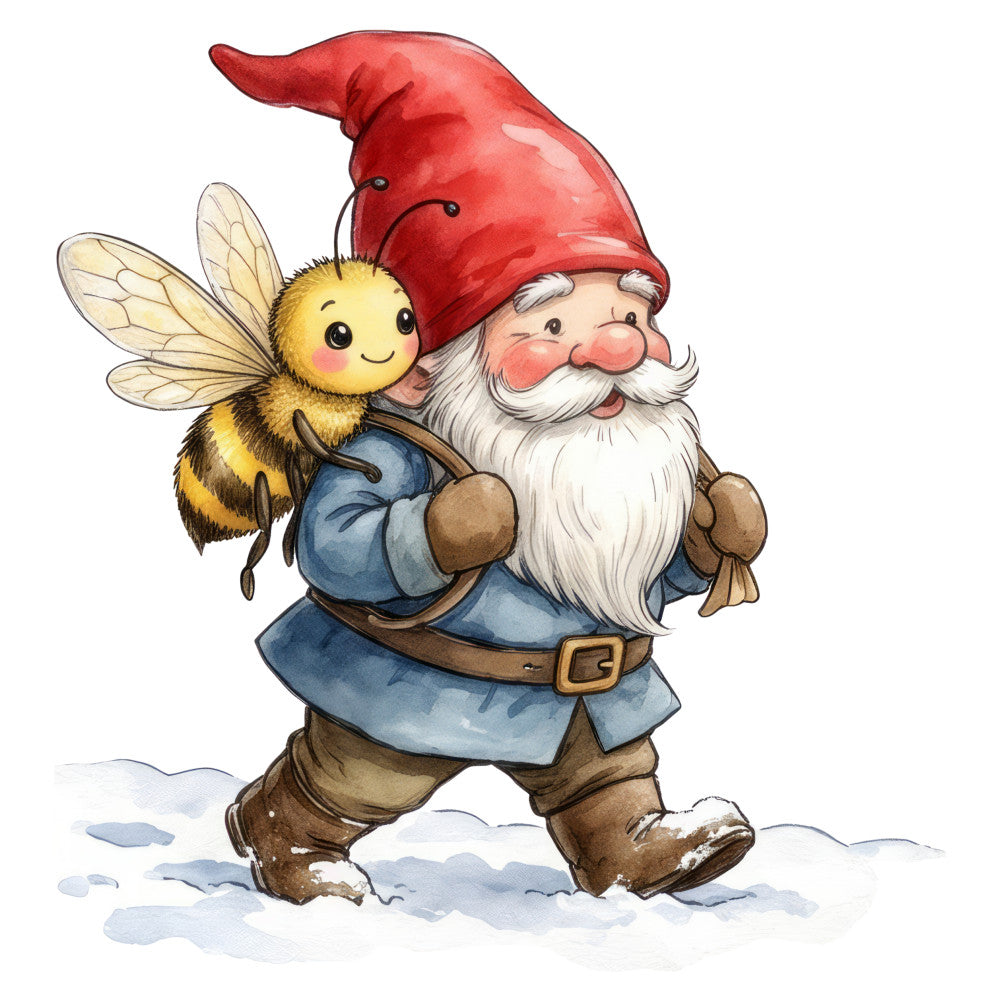 gnome, bee, garden gnome, red hat, whimsical, fantasy, storybook, woodland, nature, holiday, christmas, winter, snow, blue jacket, brown boots, tan, cream, red, yellow, cheerful, cute, children's, fairy tale, magical, vintage style, folk art, seasonal, decorative, character design