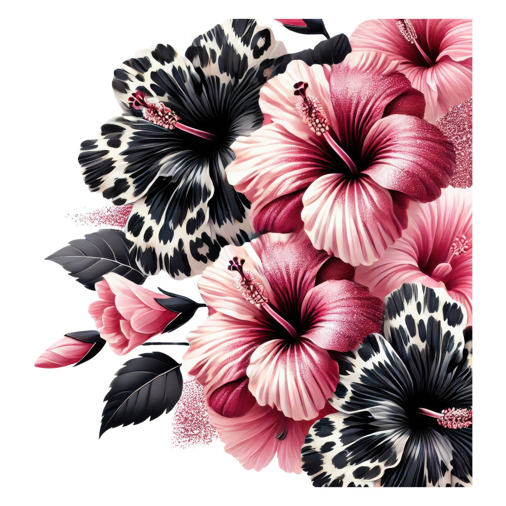 black and white, hot pink, magenta, dusty rose, pale pink, hibiscus, floral, leopard print, animal print, spotted, nature, botanical, tropical, modern, elegant, feminine, bold, vibrant, hibiscus flowers, stamens, layered petals, spring, summer, wall hanging, home decor, contemporary, garden, large scale print, statement print