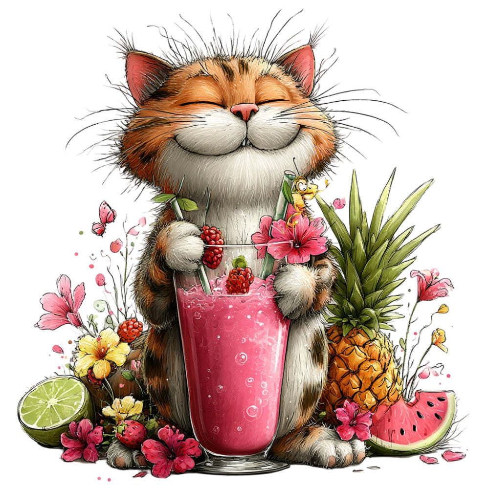 happy cat, orange tabby, smiling cat, whimsical, tropical, summer, spring, coral pink, dusty rose, sage green, warm orange, cream white, fruit theme, watermelon, pineapple, raspberries, lime, strawberries, flowers, pink flowers, butterflies, nature, playful, cheerful, cute animals, beverage, smoothie, juice glass, quirky, illustrated