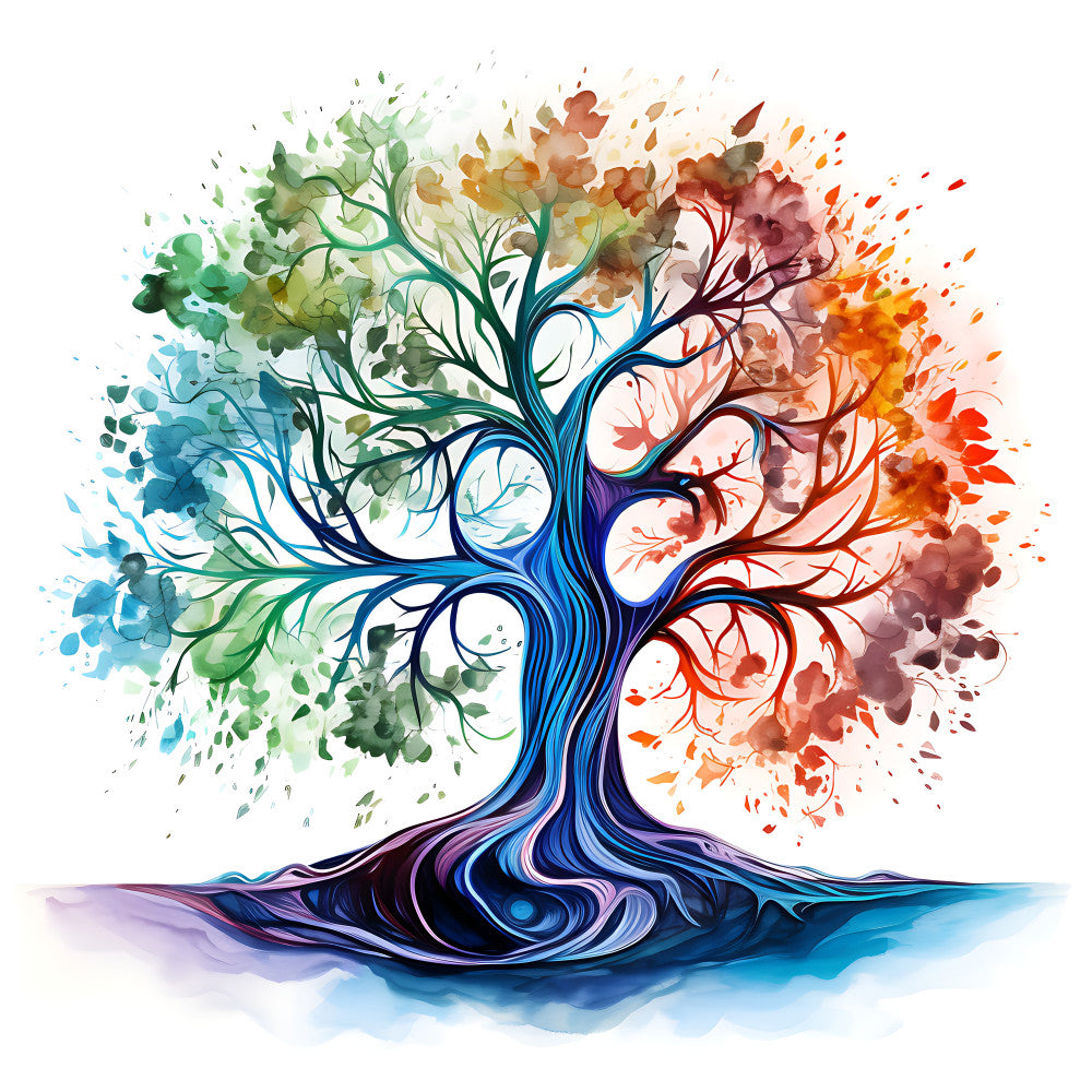 watercolor tree, tree of life, vibrant colors, blue trunk, green foliage, orange leaves, red branches, purple roots, multicolored splashes, flowing branches, organic design, nature motif, artistic style, fabric panel, quilting cotton, seasonal transitions, flowing roots, paint splatters, botanical art, colorful crown