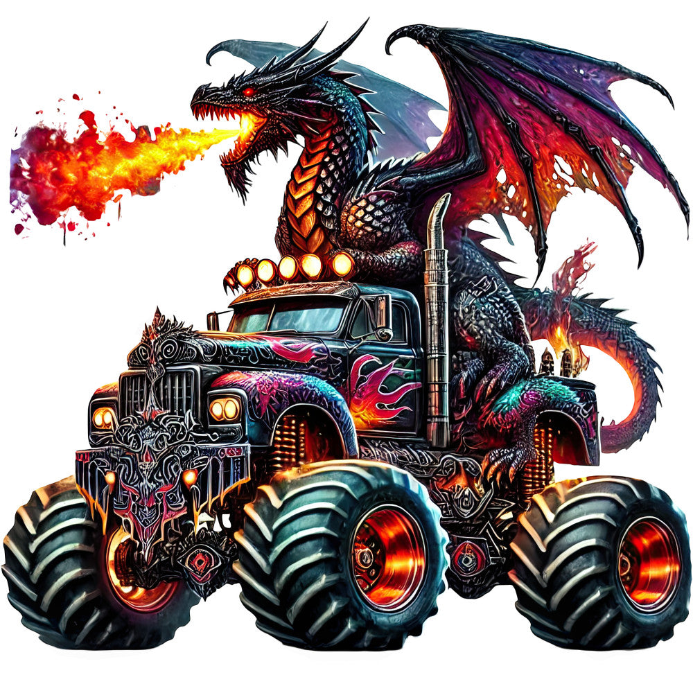 dragon, fire breathing, monster truck, fantasy, dark teal, deep purple, vibrant orange, bright red, golden yellow, neon glow, metallic accents, flames, wheels, mechanical, steampunk, edgy, bold, graphic, dramatic, action-packed, supernatural, creature, vehicle, boys, adventure, rock and roll, glowing effects, dark fantasy, intensity, power