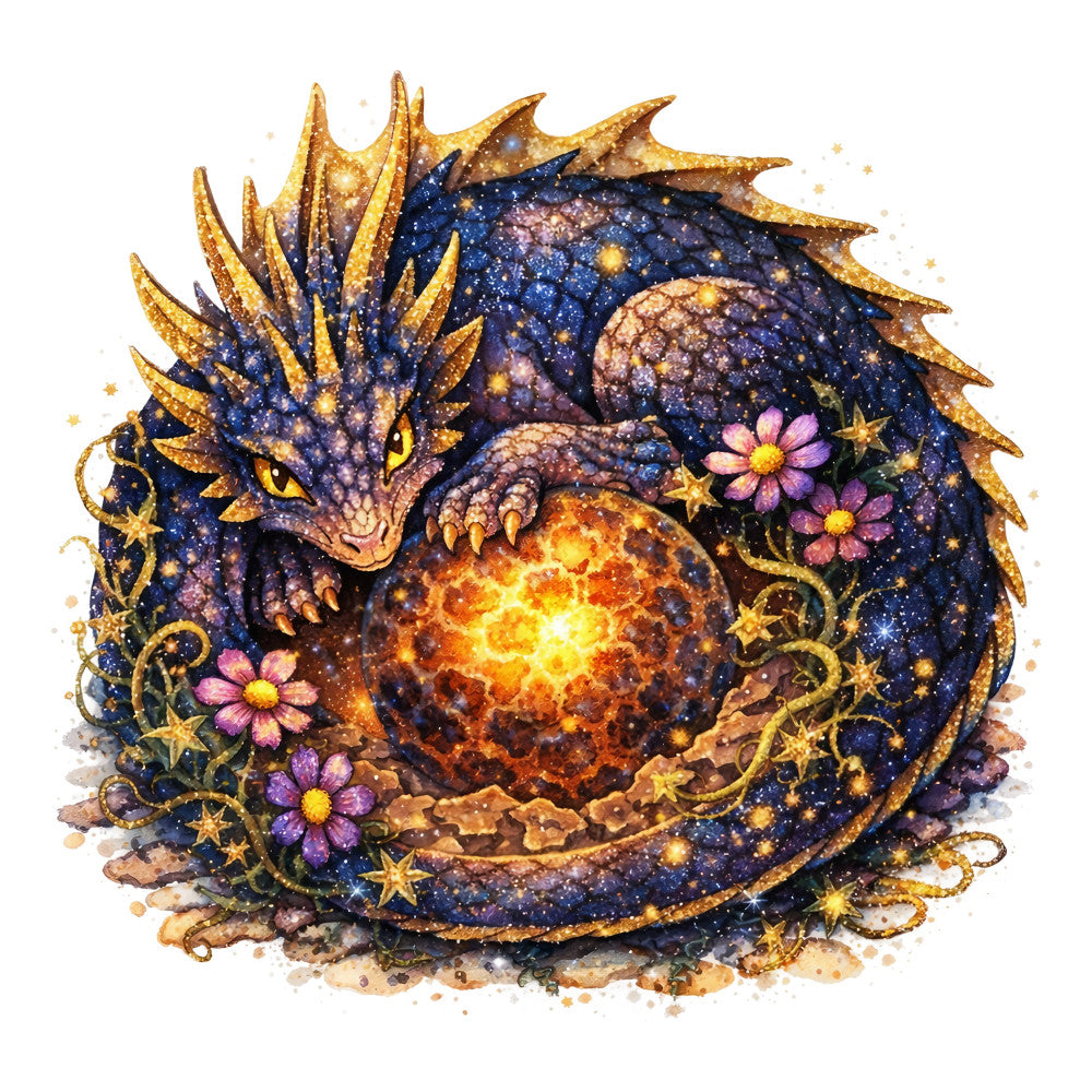 dragon, celestial, starry night, navy blue, deep blue, gold, golden, purple, pink, cosmic, fantasy, magical, whimsical, nature, flowers, daisies, stars, elegant, mystical, dark blue, glitter, sparkly, enchanted, mythical creatures, ornate, decorative, dark fantasy, jewel tones, ethereal, wall hanging