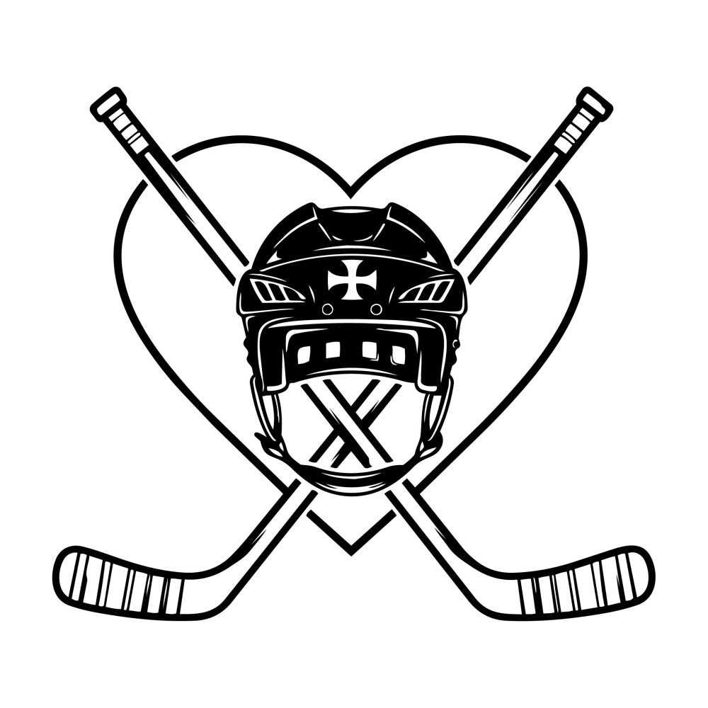 hockey, sports, ice hockey, helmet, crossed sticks, black and white, monochrome, geometric, athletic, team sports, masculine, modern, sports equipment, hockey gear, winter sports, shield, cross symbol, bold design, graphic, competitive sports, recreation, sports fan, hockey player, winter, game day, sports themed, strength, action, dynamic
