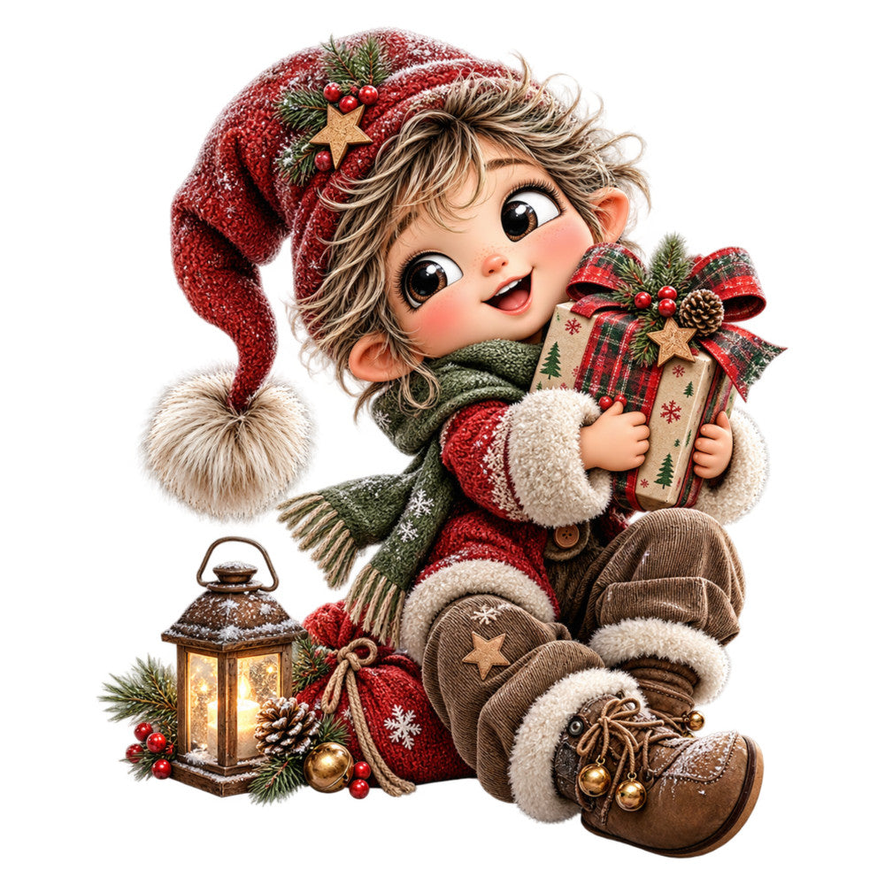 christmas, holiday, elf, gnome, whimsical, cute, child-friendly, red, forest green, cream, tan, brown, gold, plaid, tartan, festive, winter, cozy, rustic, traditional, gift-giving, lantern, boots, stars, pine cones, berries, jolly, cheerful, decorative panel, wall hanging