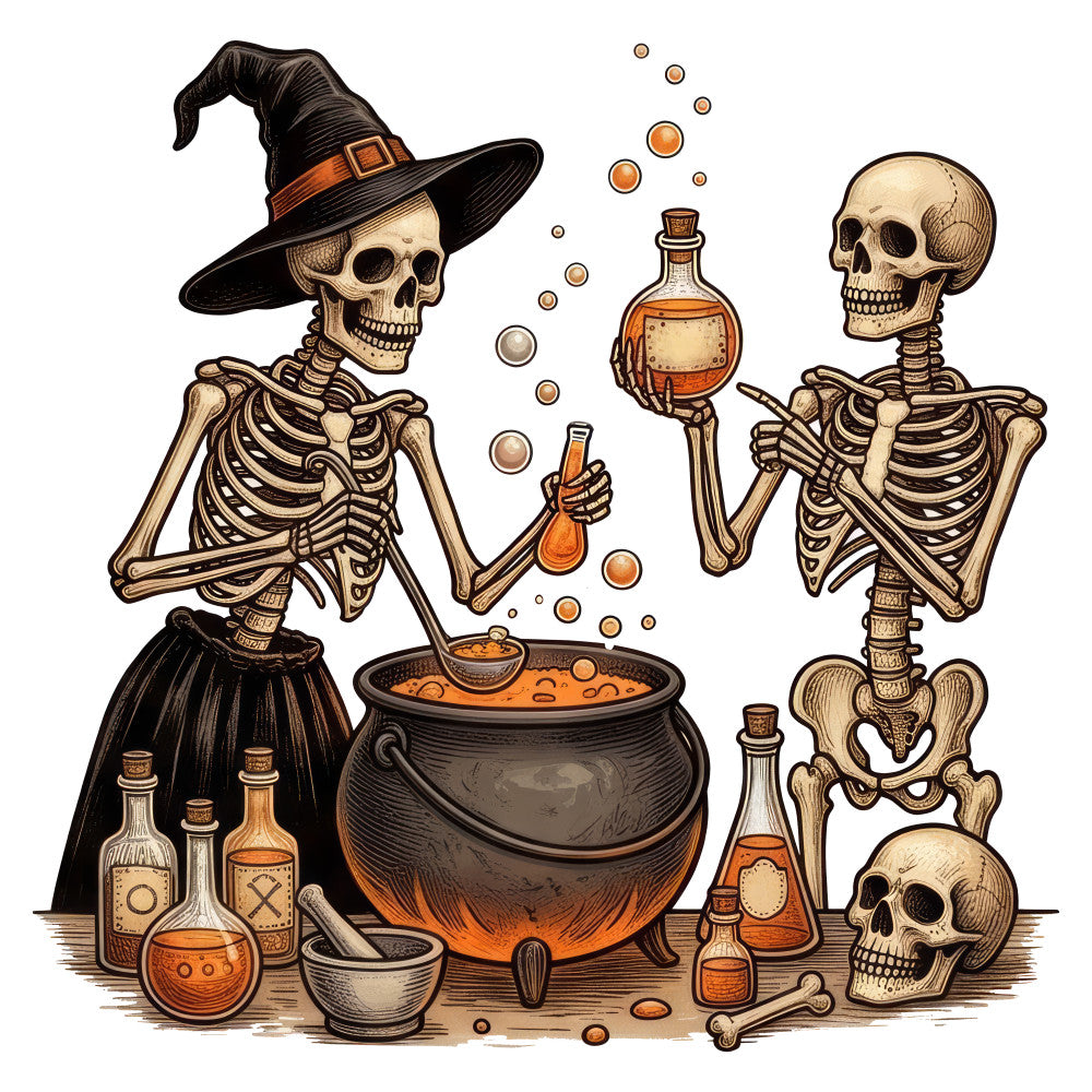 halloween, witches, skeletons, skulls, witch hat, potion bottles, cauldron, bones, spooky, orange, black, cream, tan, beige, rust orange, gothic, whimsical, festive, dark humor, mystical, magical, vintage, retro, macabre, witchcraft, alchemy, potion, wall hanging, home decor, holiday