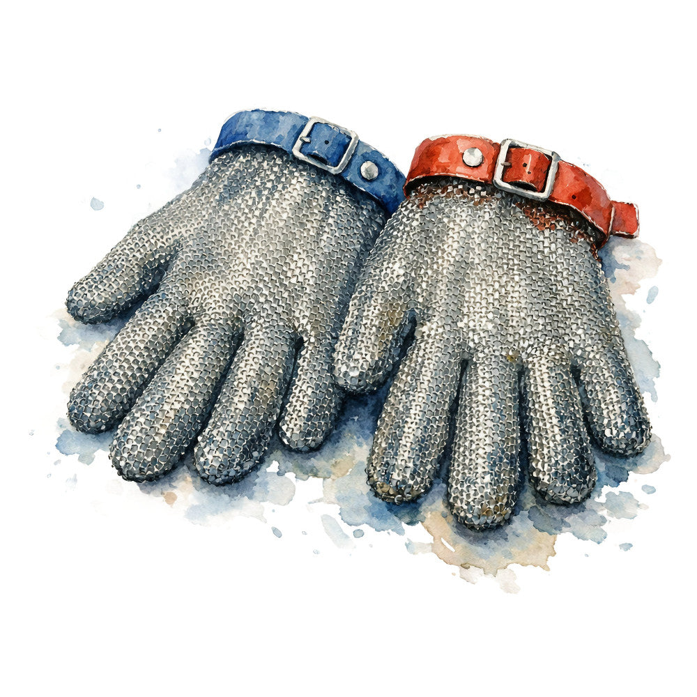 chainmail gloves, medieval armor, knights, historical, metal mesh, protective gear, warrior, fantasy, steampunk, industrial, grey, silver, blue leather, red leather, buckles, historical reenactment, costume, vintage, rustic, metallic, textured, unique design, statement piece, decorative, watercolor art style, illustration, craftsmanship, armorer, renaissance fair