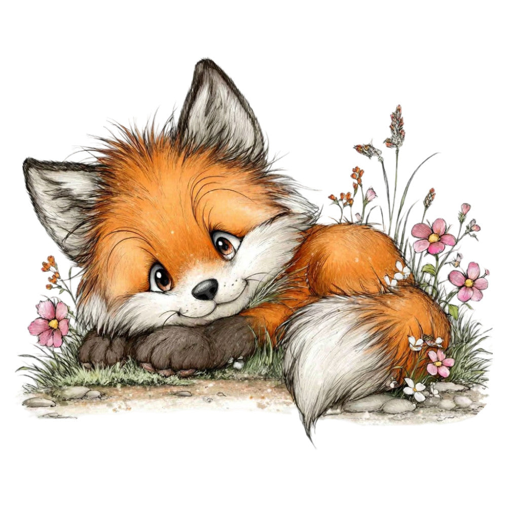 orange fox, rust orange, cream white, dusty rose, pink flowers, sage green, whimsical, cute animals, woodland creatures, nature, floral, forest, spring, summer, baby, children's, illustration, storybook, gentle, soft, sweet, daisy flowers, wildflowers, grass, rustic charm, nurture, nursery, wall hanging, decorative panel