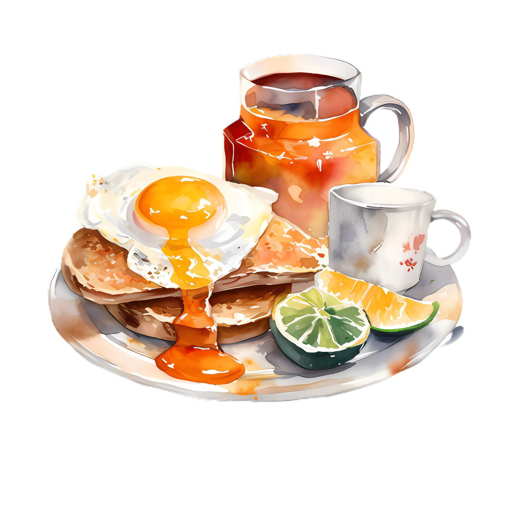 breakfast, brunch, fried egg, pancakes, orange, amber, golden yellow, cream, white, gray, food, culinary, kitchen, citrus, lime, morning, daytime, sunny, whimsical, playful, watercolor, illustrated, artistic, food art, coffee, beverage, sunny day, cheerful, warm tones, home decor