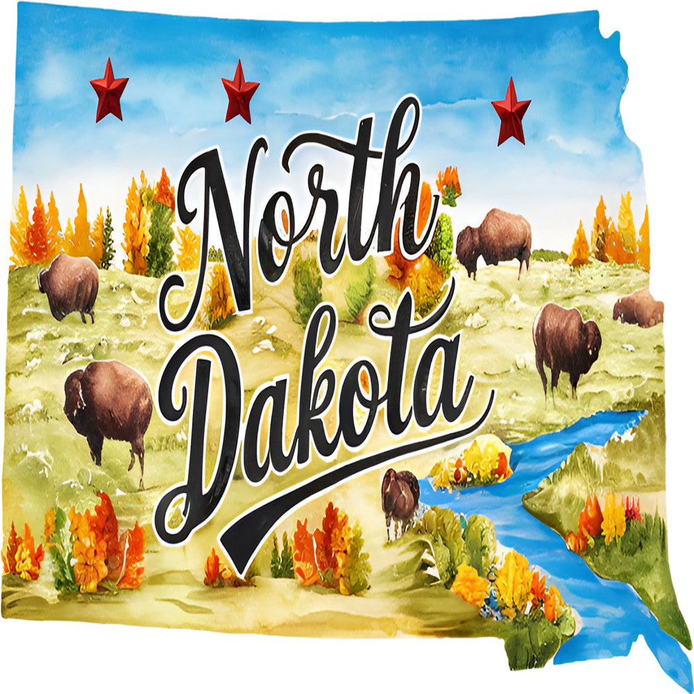 Classic US States Fabric Panel 17 featuring North Dakota map with bison, autumn trees, and blue river on premium quilting cotton.