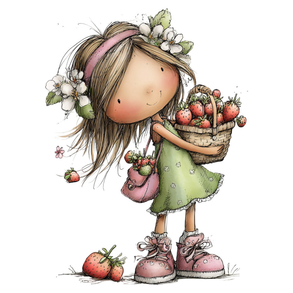 spring, strawberries, girl, whimsical, nature, pastoral, cottage core, vintage illustration, children's, nursery, floral, white flowers, sage green, dusty rose, pink, botanical, garden, fruit, basket, strawberry picking, sweet, cute, storybook, traditional, farmhouse, countryside, daydream, innocent
