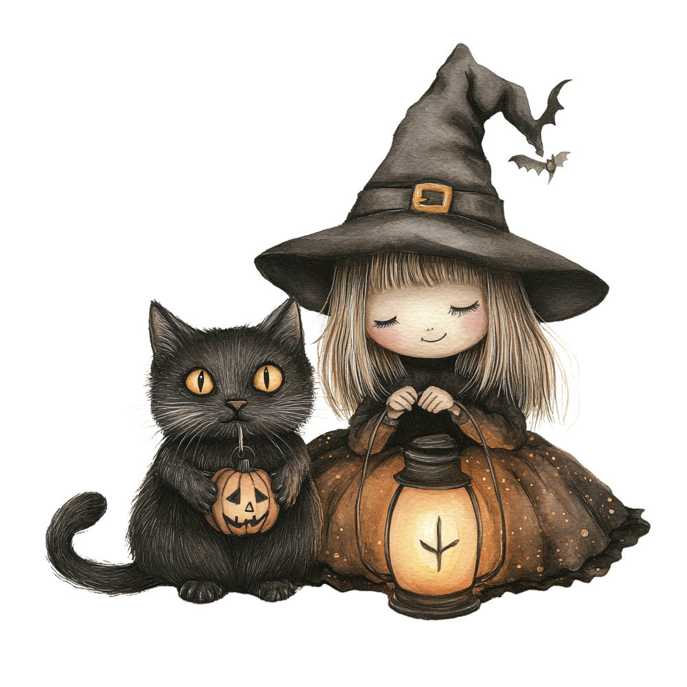 halloween, witch, black cat, witch hat, pumpkin lantern, bats, autumn, fall, spooky, whimsical, cute, charming, children's, gray, black, golden yellow, orange, cream, animal, holiday, seasonal, trick or treat, festive, magical, enchanted, girl character, kawaii, decorative, wall hanging, baby quilt