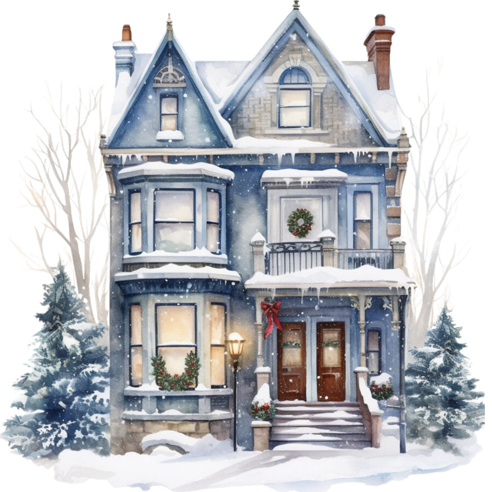 Watercolor Winter Houses Fabric Panel 26