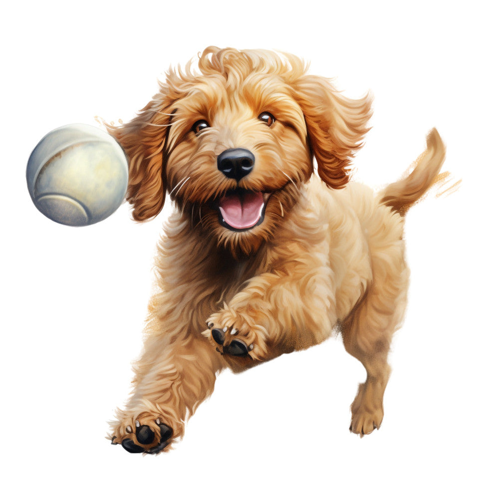 golden retriever, doodle dog, fluffy dog, happy dog, playful dog, dog portrait, cream, tan, apricot, golden, light brown, animals, dogs, pets, dog lover, puppy, sporting dog, retriever, whimsical, playful, cheerful, friendly, ball, toys, children's, kids, baby, fun, joyful, smiling