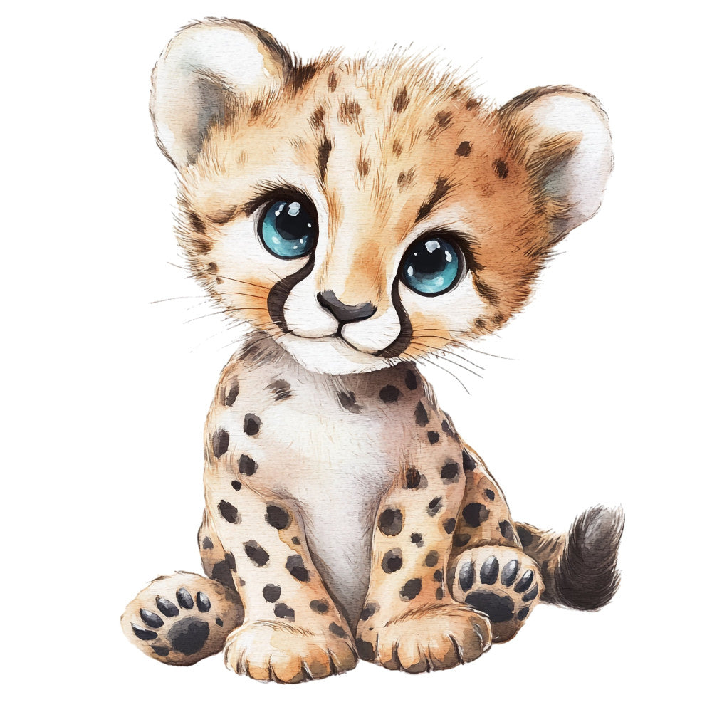 baby cheetah, cute animal, big blue eyes, tan, cream, brown, spotted, spots, animal print, leopard print, wildlife, safari, baby animal, whimsical, playful, children's, nursery, baby quilt, wall hanging, soft, gentle, sitting pose, realistic, illustration style, adorable, sweet, young animal, nature themed, kids fabric