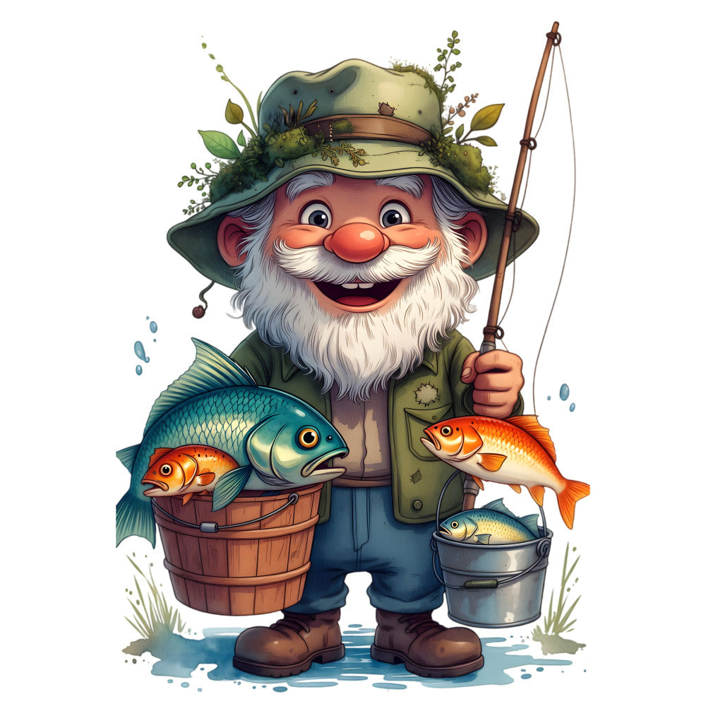 fishing gnome, whimsical, nature, garden gnome, fisherman, fish, bucket, fishing rod, blue, coral, orange, forest green, cream, white, rustic, charming, cottage core, novelty, character panel, children's, outdoor theme, moss green, gold accents, seasonal, summer, spring, beige, adventure theme, storybook style