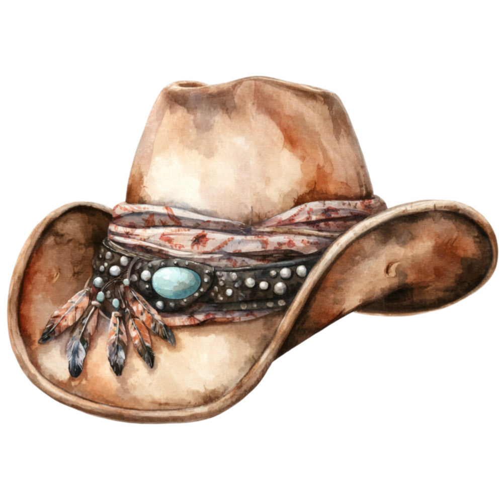 cowboy hat, western, tan, cream, beige, brown, rust, turquoise, feathers, native american, southwestern, boho, bohemian, rustic, vintage, western wear, desert, tribal, turquoise stone, bandana, leather, fringe, decorative elements, country, farmhouse, novelty, themed, lifestyle