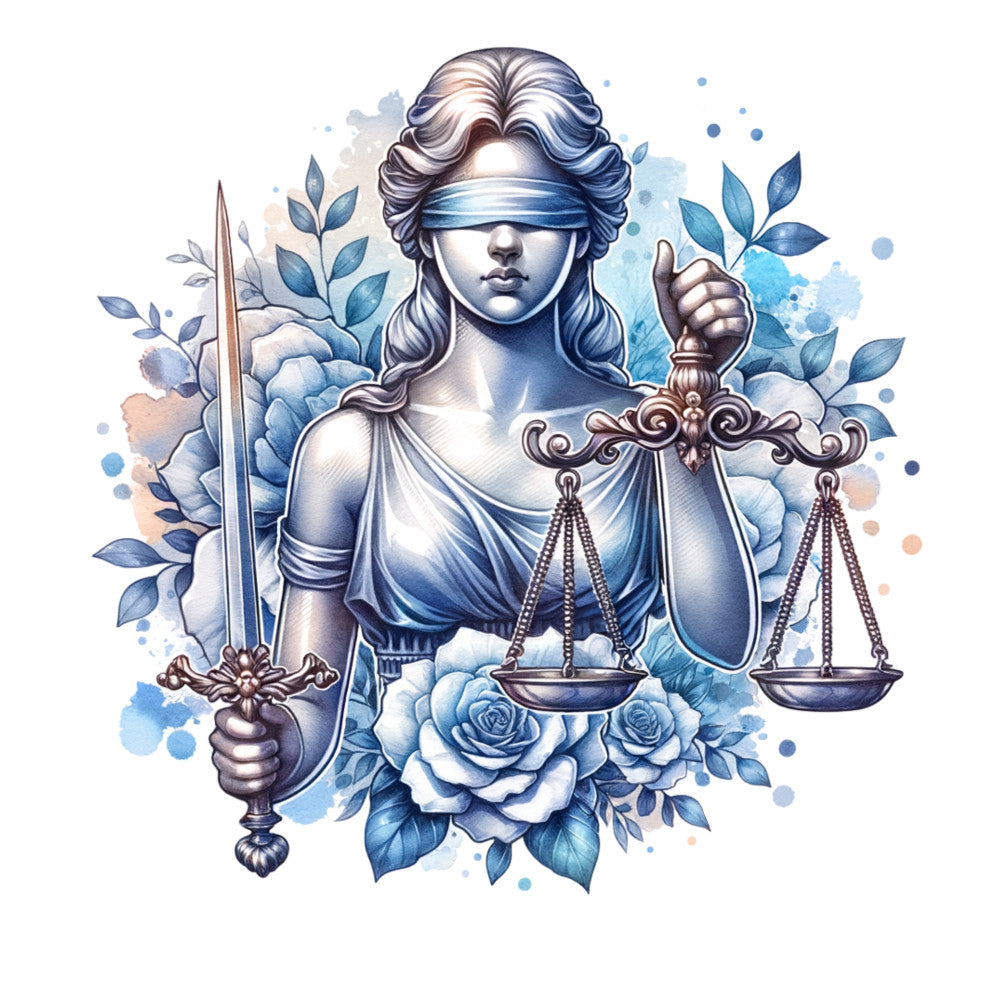 navy blue, sky blue, soft blue, white, cream, bronze, copper, floral, roses, leaves, botanical, justice theme, scales, sword, blindfolded, goddess, elegant, classical, vintage, traditional, ornate, decorative, watercolor, artistic, symbolic, legal, justice, law, strength, wisdom