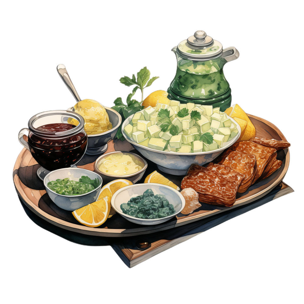 food illustration, culinary theme, cheese board, charcuterie, kitchen decor, cream, forest green, golden yellow, rust brown, orange slices, lemon slices, food art, gourmet, entertaining, table runner, kitchen fabric, vintage style, rustic, sophisticated, appetizers, cured meats, fresh herbs, parsley, food-themed, home decor, elegant, traditional, culinary design, farmhouse kitchen