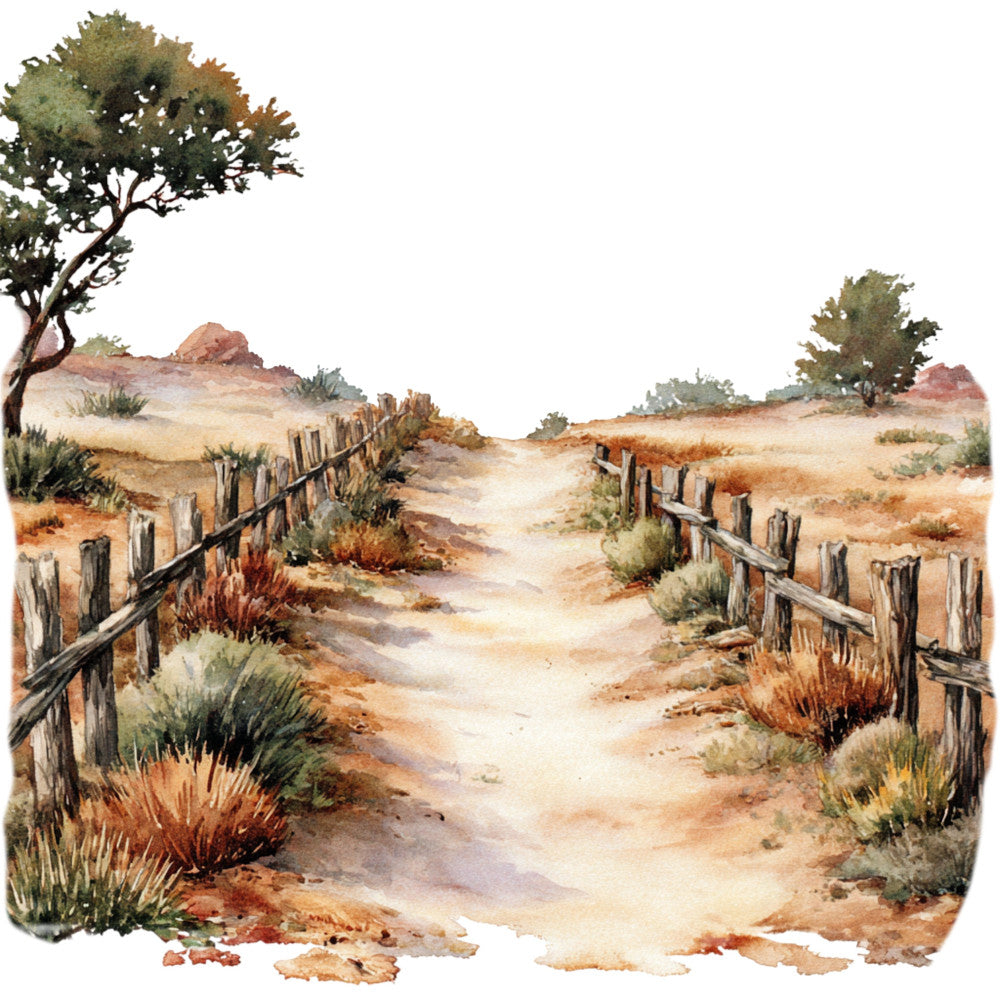 rustic, western, countryside, landscape, dirt road, fence, wooden fence, rural, farmland, sage green, dusty brown, tan, cream, terracotta, rust red, earth tones, nature, trees, shrubs, grass, vintage, country style, ranch, americana, pastoral, scenic, rolling hills, weathered, traditional, autumn