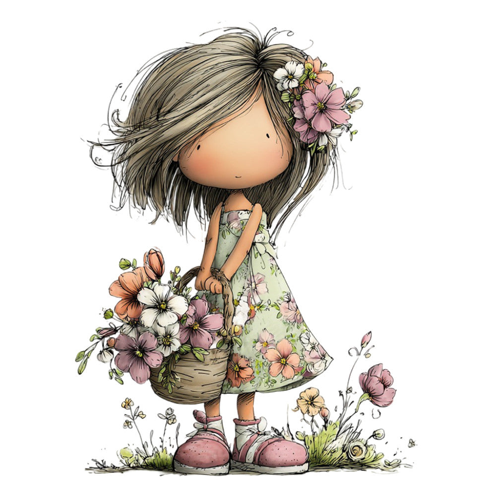 whimsical girl, floral, spring, nature, garden, flowers, soft pastels, sage green, dusty pink, coral, cream, botanical, cute illustration, children's, girl with flowers, flower basket, daisies, wildflowers, vintage illustration, storybook style, charming, playful, innocence, youth, greeting card style, decorative panel, nursery, baby girl, cottage core, nature lover