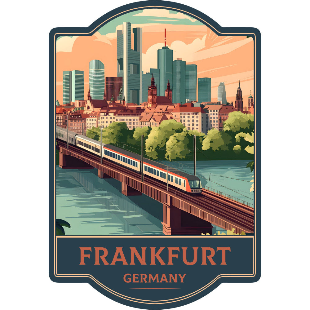 frankfurt germany, vintage travel poster, cityscape, architectural, retro style, art deco, teal, coral orange, cream, rust red, sage green, travel theme, train motif, bridge, river, historic buildings, modern skyline, steampunk, wanderlust, nostalgic, transportation, european, wall hanging, collectible, travel decor, golden hour, sophisticated, elegant retro
