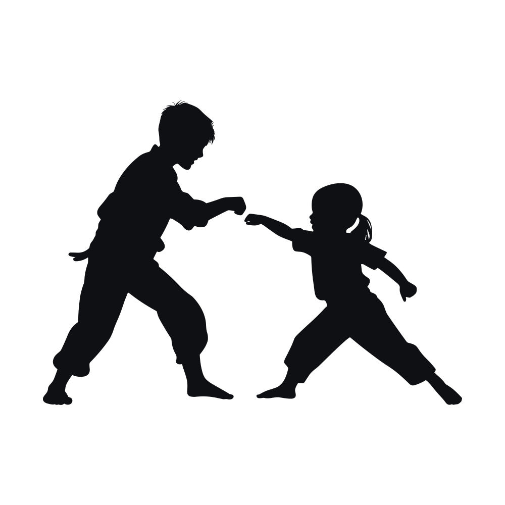 karate, martial arts, kids, children, sports, silhouette, black, monochrome, action, dynamic, fighting, combat, judo, taekwondo, boys, girls, active, movement, modern, contemporary, youth, playful, energetic, athletic, strength, discipline, training, instructional, educational, novelty