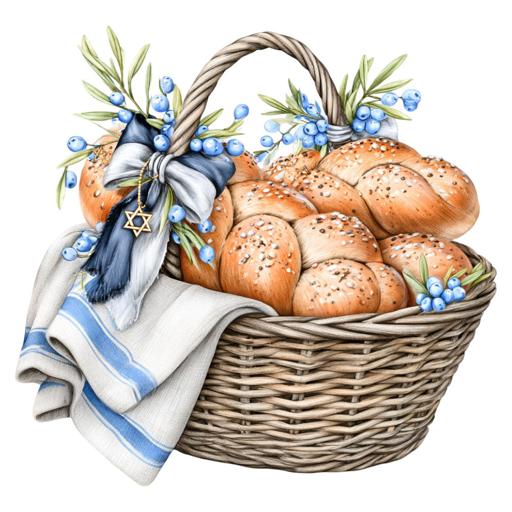 basket, bread rolls, baked goods, blueberries, blue berries, olive branches, jewish star, star of david, rustic, farmhouse, harvest, kitchen, food, bakery, cream, beige, tan, navy blue, white, gold accents, traditional, folk art, vintage, european, cultural, table runner, wall hanging, home decor, botanical, seeds