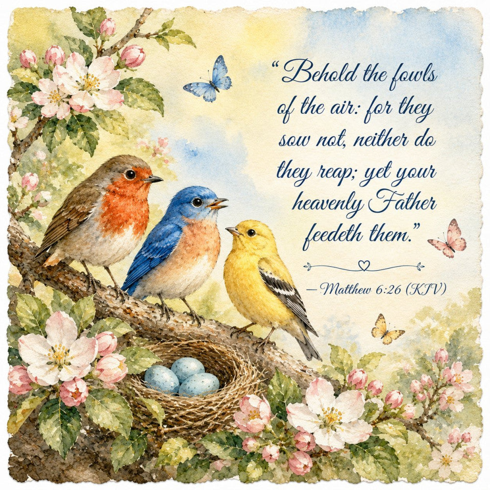 birds, butterflies, spring, floral, nature, garden, robin, bluebird, yellow warbler, nest, eggs, scripture, religious, inspirational, pale yellow, soft blue, coral pink, sage green, white flowers, delicate, whimsical, vintage, botanical, peaceful, traditional, easter, cottage, farmhouse, elegant, watercolor